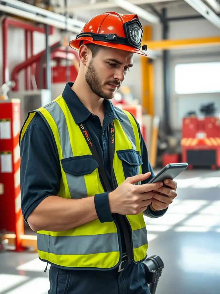 A fire protection technician using a mobile device to manage service schedules.