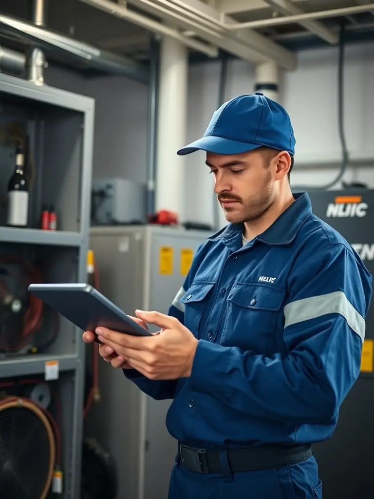 An HVAC technician using a tablet to manage work orders in a service area.