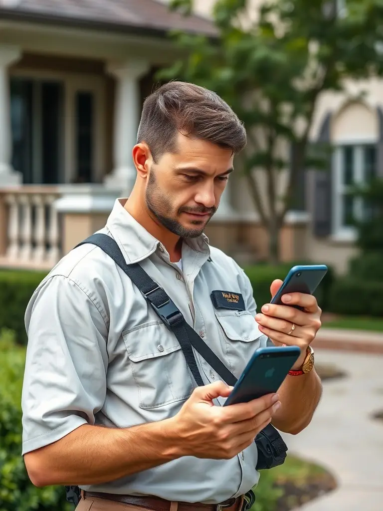 A pest control professional using a smartphone to manage service locations in front of a house.