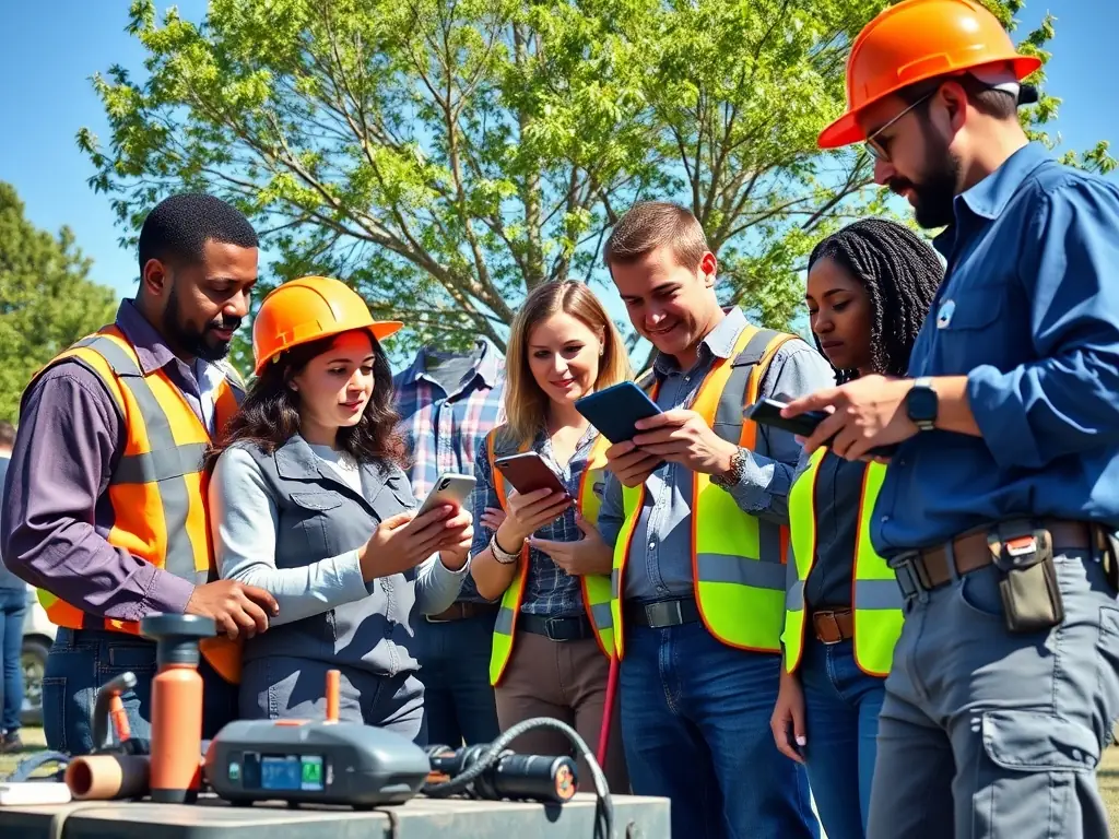 Diverse field service professionals using mobile devices outdoors.