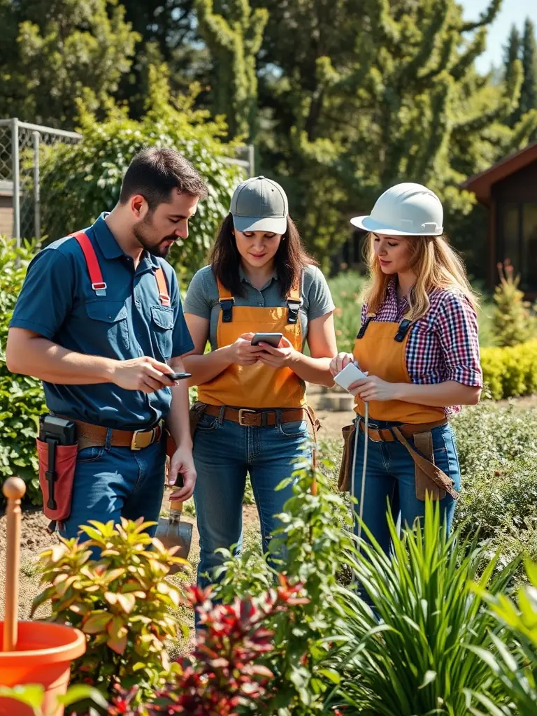 Landscaping crew using mobile devices to coordinate tasks.