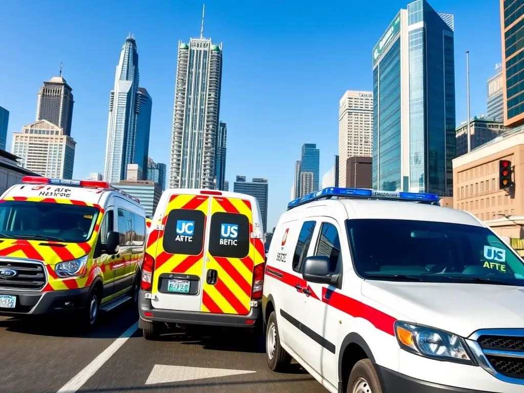 A fleet of service vehicles equipped with GPS tracking devices in a cityscape.