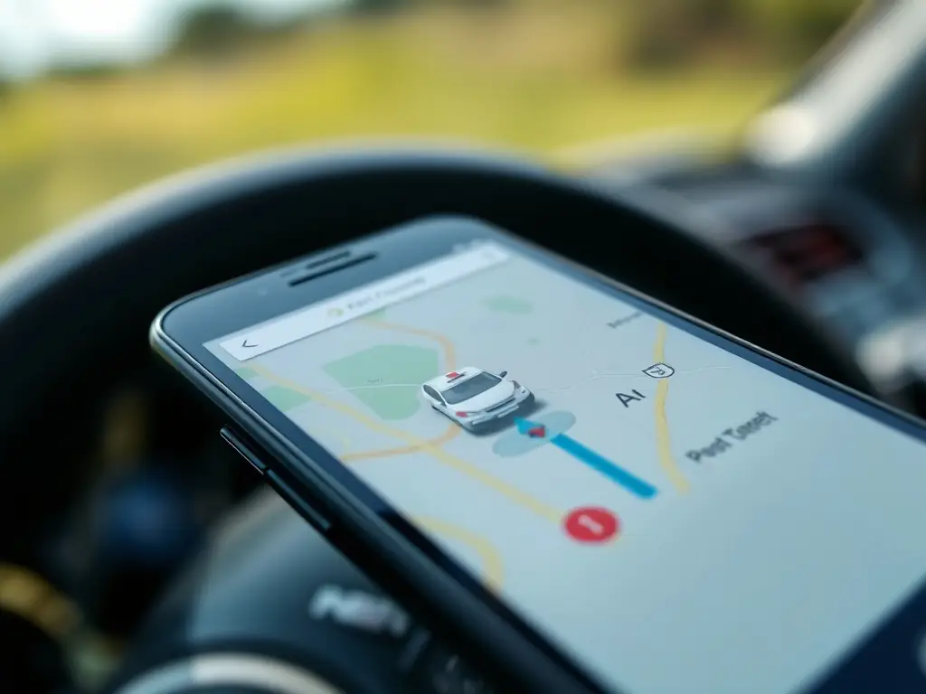 A close-up of a smartphone displaying a GPS map with a pest control vehicle icon.