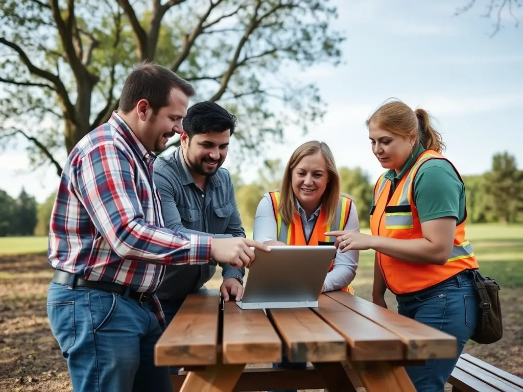 A pest control team reviewing expense reports on a tablet in a park.