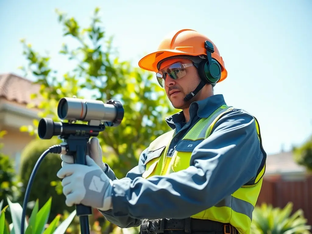 A pest control technician using a mobile device in a garden.